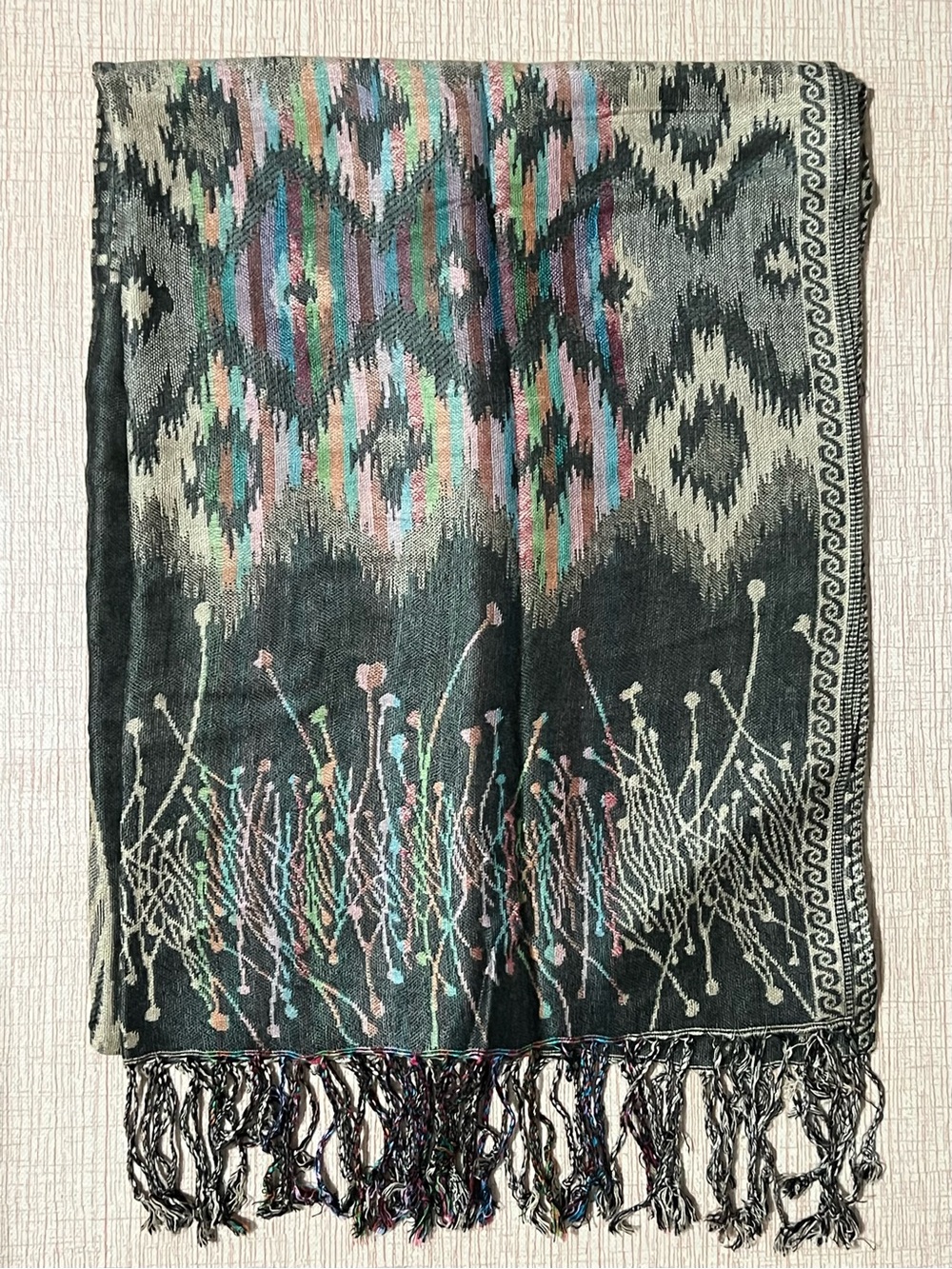 Patterned Fringe Scarf in Black with Pastel Accents